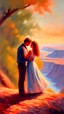 Placeholder: impressionism-style oil painting of a man holding his lover and looking in her eyes with a beautiful view in the background