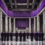 Placeholder: Dim concrete totalitarian brutalist imposing council hall with statesmen in black coverall uniforms and purple flags