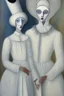 Placeholder: A surreal portrait of a mime painted white in white clothes by artist "Loredana Lollipop" and "Leonora Carrington"