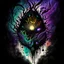 Placeholder: dramatic dark colorful fantastical ink illustration, surreal double exposure sinister face of a ghostly fanged lovecraftian Shoggoth layered over a magical shining black egg cracking with dark energy, levitation,