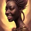 Placeholder: Portrait of black woman, smiling, sango fantasy, fantasy magic, intricate, sharp focus, illustration, lot's of grain on the skin, tribal tatoos,highly detailed, digital painting, concept art, matte, masterpiece, one head, high key lighting, volumetric light high details psychedelic background