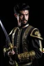 Placeholder: young european black hair adult royal guard swordsman with rapier