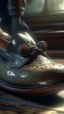Placeholder: Bosch painting style nightmare, A hyperrealistic shot of a pair of old army leather shoes with a large hole in front and small mouse hidden in it , the head of the mouse , intricate details, soft natural light, screen captured from 4K Blu-ray