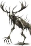 Placeholder: wendigo with deer skull covering head and face, fingers ending in claws with long arms reaching knees which bend backwards, eyes that are sunken back, its body emaciated, full body image