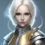 Placeholder: D&D cleric, female, platinum blonde hair, golden colored eyes, smiling, teal colored armor