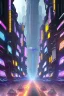 Placeholder: a bustling futuristic cyberpunk city street, reflections, luminous,