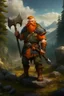 Placeholder: Realistisches Bild von einem DnD Charakters. Männlichen Zwerg mit orangenem Haaren. Er hat eine Axt und ein Wildschwein bei sich. Er steht im Wald mit Bergen im Hintergrund.