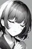 Placeholder: short hair girl, closed eyes, close-up, greyscale