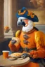 Placeholder: Half parrot half human in a 1700s Orange Dutch uniform eating a bagel in a Dutch cafe