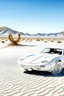 Placeholder: All white textured cobra car at the center background in front a king cobra snake , in desert sands a white Joshua tree