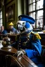 Placeholder: Half human half parrot in a blue 1700s dutch military uniform sitting in a cafe