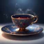 Placeholder: A midnight blue teacup with a gold rim and small red florets on a plate. Illustrative art, art interpretation, concept art, cgsociety contest winner, seasonal art, seasonal art HD, 4k, 8k, intricate, detailed, intricately detailed, luminous, translucent fantasy crystal, holographic data, soft body, shadow play, light, fog, atmospheric, cinematic, light film, hyper-detailed, hyper-realistic, masterpiece, atmospheric, high resolution, 8k, HDR, 500px, mysterious and artistic digital art, phototic,