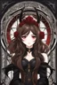 Placeholder: A confident looking young woman with pale skin and long brown hair in a dark fantasy setting with intricate details. She is wearing black and read leather, has red eyes, an air of malevolent power surrounds her. Anime style. High definition.