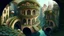 Placeholder: Gigantic mushroom village with balconies, archways, stairs, bridges, bushes, spanish moss, ivy, lake, a winding pathway through the middle