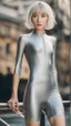 Placeholder: beautiful anorexic asian girl, total shot, shiny silver triathlon swimsuit, short blond wavy bob hair, blurred city background