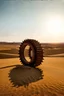 Placeholder: drone view, desert sunrise behind a large rusty cogwheel standing in sand and shadow of the wheel looks like a curved backbone part of giant sandworm monster with jagged backbone fins, large open space, dramatic, cinematic, great shadows, amazing contrasts