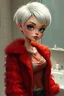 Placeholder: photorealistic impasto impressionist digital oil painting of a vintage styled cartoonish high Brats doll, platinum hair, fur red coat and torn t-shirt, , ethereal, in the bathroom,she has very short hair like audrey hepburn