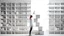 Placeholder: plain blank A modern, minimalist interior with a person standing on a raised platform, surrounded by geometric shapes and shelves with decorative objects white mockup object