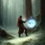 Placeholder: romantic fantasy spray painting, william Turner, watercolor, dark robed poet playing lute for an elf in magical forest, movie poster