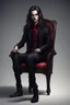 Placeholder: ragazzo vampiro di bellissimo aspetto giovane seduto su una poltrona con capelli lunghi stile realistico