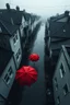 Placeholder: top-down view of a grayscale wet city street with houses, rain, 1 red umbrella, surreal style, dark mood