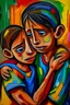 Placeholder: a girl hug her brother and both crying sadly, expressionism, Pixar style, in abstract art Basquiat, Picasso, Miro, Kandinsky, Klee, Birell, Fairey, Ardon, Buffet aand Picasso style, HD --s 750 --v 5.1 --style raw, water color