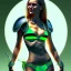 Placeholder: Voluptuos beautiful atletic woman with green eyes realistic in bikini armor smiling