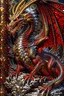 Placeholder: a huge red dragon guarding af treasure of gold, silver and diamonds. style of Larry Elmore.