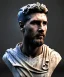 Placeholder: Gran angular, Realistic image, roman sculpture, marble material, Lionel Messi with Laurel wreath model, miguel angel style, emperador, God light, god rays, 4k resolution, perfect details, ornate details, soft lighting, unreal engine 5, soft cyan background.