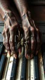 Placeholder: Ugly , Evil rusted hands on an old piano keyboard with spider on the keyboard