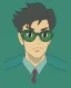 Placeholder: Fit man in round glasses, wavy hair, stubble, slim, tie, monotone, green eyes, comic book style, two tone colours, detailed, ink, realistic, handsome, square jaw, big brows, no jacket, bird on the shoulder, spotlight
