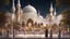 Placeholder: Hyper Realistic people worshiping outside Beautiful-Grand-Brown-Decorated-Mosque with white-marble-fences & Beautiful-Lightings-Decorations at night with stars on sky & beautiful trees