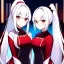 Placeholder: Clear focus, 8k, beautiful lighting, vibrant colors, girl, white hair, long hair, vibrant red eyes, ponytail, same twins, white hair, red eyes, same clothes,