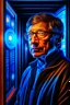 Placeholder: bill gates with a dna patent in the style of giger, spray paint, photo realism, trending on art station, 8k, depth of field, down light, light rays, volumetric, white hall in spaceship, blue, brown and orange