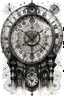 Placeholder: A drawing of the astronomical clock with exact details black ink on white background clean and clear design for a tattoo