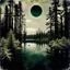Placeholder: Sublime foto close-up polaroid ad alta definizione di una foresta di conifere falsa, strani mostri, un lago falso, surreale, collage art, dadaism, sublime, splimapys nero, cielo nero, acqua nera riflette un sole nero, macabre piante circondano il lago, alghe, hypermaximalist, Max Ernst style, strangeness, intricate, hypnotic, obsessive, 8k, deep 3d field, very accentuated details of the rocks, eerie, artistic photo, large format film, medium format film