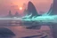 Placeholder: ice, lagoon, seashore, distant futuristic city, epic, sci-fi