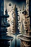 Placeholder: a stunningly weird image of a futuristic metropolis using Salvador Dali's paranoiac-critical method, where buildings and structures appear to melt into the skyline cityscape is filled with floating mad, twisted sharp metal shapes that interact with the buildings and each other, forming a surreal tableau of a dreamlike reality. neu-steampunk vibe, essence of the scene in a cinematic manner, with dramatic shadows that enhance the distorted perspectives and bizarre