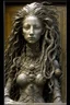 Placeholder: sculpture of handsome girl with long curly hair and a lion , half the f his body , front view . decayed and rotting with grotesque proportions and imagery. abstract grotesqueries, detailed texture, surreal horror, biomechanical design, by hr giger and beksinski