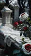 Placeholder: A grave above it a white lace scarf and blood on it. white roses. Cinematic picture
