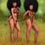 Placeholder: Biologically Female African American Twins, black skin, tall and slender, long afro kinky hair,big brown eyes, long eyelashes warrior wear. Big butts. Gold accents on clothing. Surround by trees. Holding golden spears. Starry night