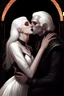 Placeholder: Strahd Von Zarovich being kissed by a beautiful woman with white hair, wearing an off the shoulder dress. Settling and background are a lavish toomb with an ebony coffin.