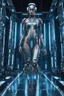 Placeholder: A biomechanical futuristic full body fashion model in a metal silver/blue armored dress, adorned with clear printed hieroglyphic symbols, microchip designe, futuristic headset, Fashion show background, energy, molecular, mecha, future fashion