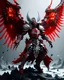 Placeholder: silver and red angel knight, flying over a glacier