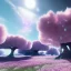 Placeholder: very beautiful crystal spaceship , elegant, clouds, trees, atmospheric, realistic, cinematic lighting, pink blue light, 8k, galactic atmosphere, flowers