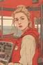 Placeholder: 23 years old girl, with blond hair and a messy bun like selah sue. standing on in a red boat, wearing red clothes and looking trough binoculars watching something in the middle of the sea. You see the whole boat. You see the gril in front. It's a ferry. Wes anderson style. In front. Sarcastic vibe. Old school interior. she stands in the kitchen of the boat