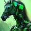 Placeholder: A beautiful portrait of a cyborg horse green color scheme, high key lighting, volumetric light high details psychedelic background