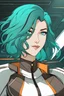 Placeholder: Woman dark brown and wavy hair, vivid turquoise eyes, futuristic clothes, smirking, grinning, military background, RWBY animation style