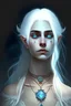 Placeholder: hauntingly beautiful character for dnd, young woman with white hair and blue eyes, angel, with moon necklace, scarred neck