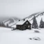 Placeholder: a cabin in a blizzard with a snowy mountain in the background